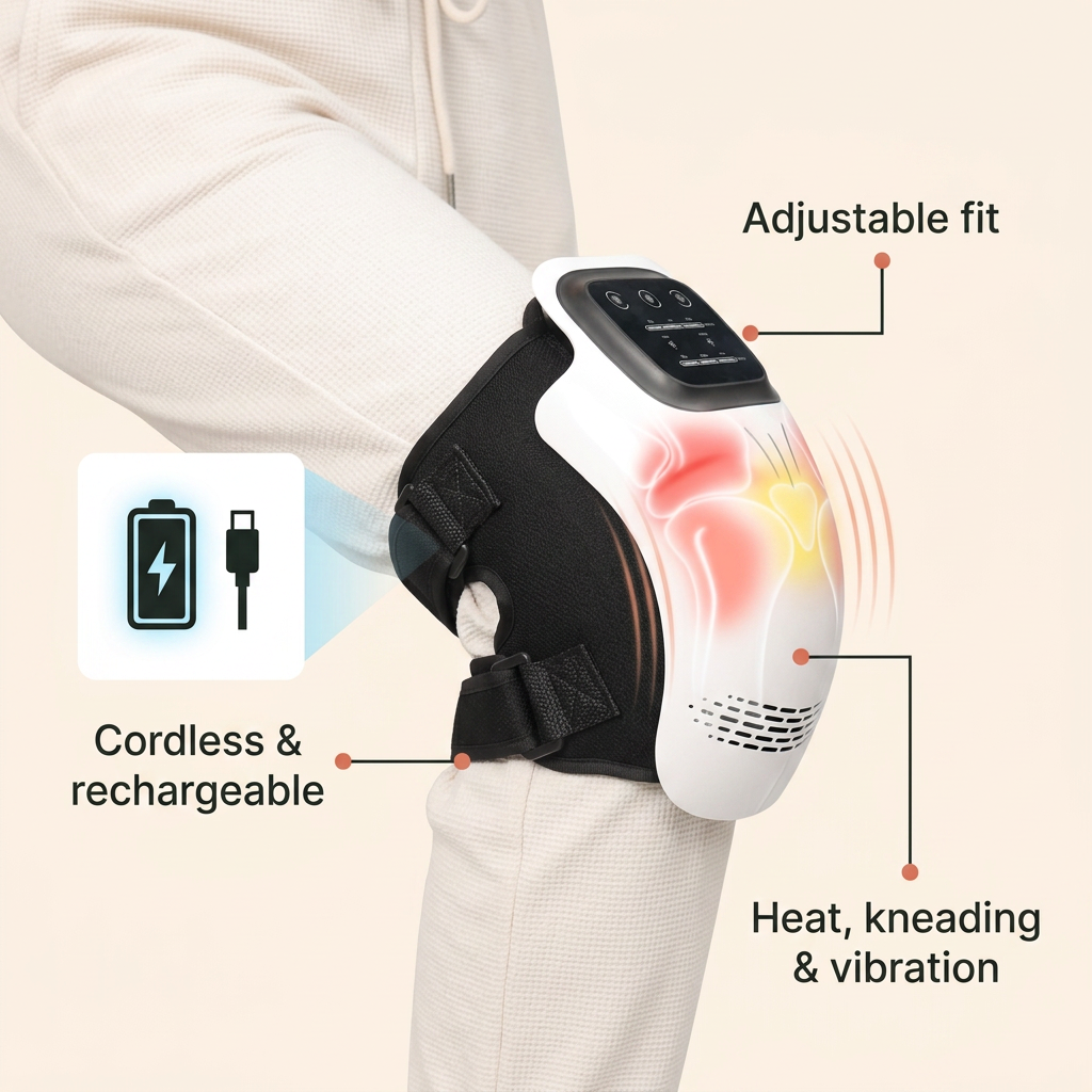 Adjustable fit, cordless and rechargeable, heat kneading and vibration