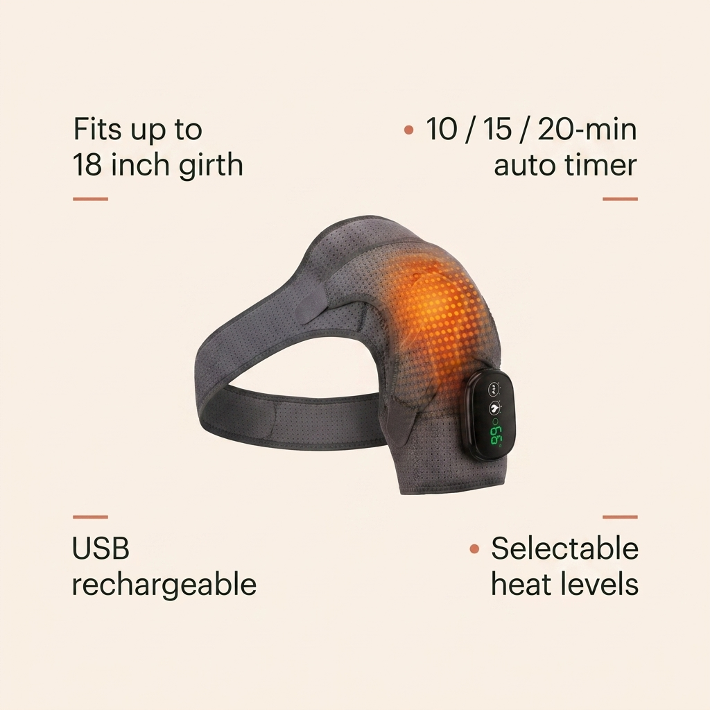 Specs - fits up to 18 inch girth, 10 15 20 minute timer, USB rechargeable, selectable heat