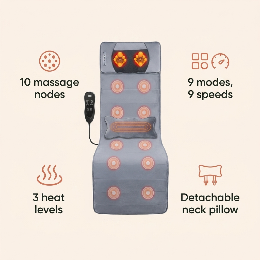 Feature overview - 10 massage nodes, 9 modes and speeds, 3 heat levels, detachable neck pillow