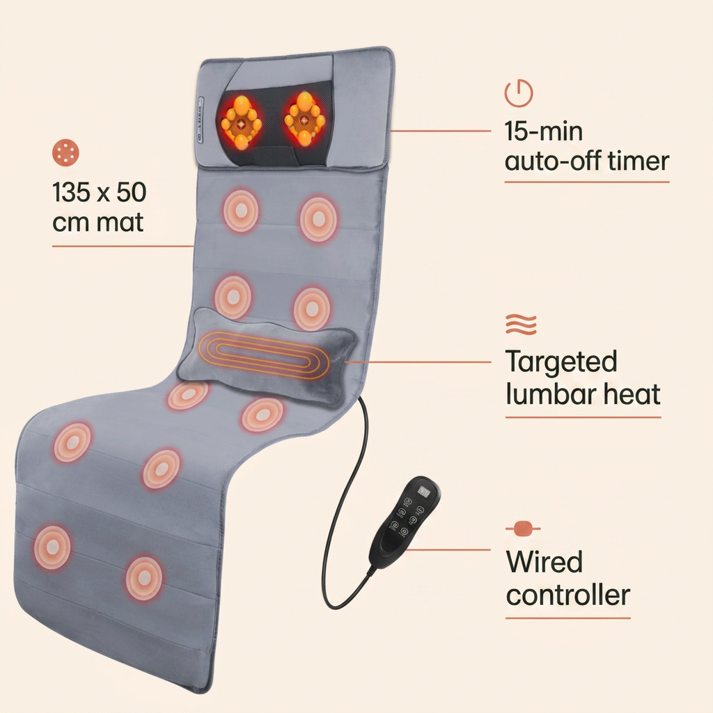 Specs - 135 by 50 cm mat, 15-minute auto-off timer, targeted lumbar heat, wired controller