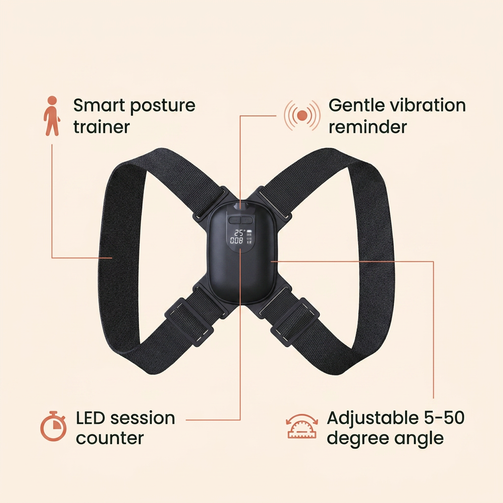 Feature overview - smart posture trainer, gentle vibration reminder, adjustable angle, LED counter
