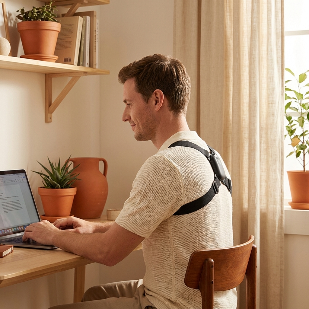 Man wearing the posture trainer at a desk