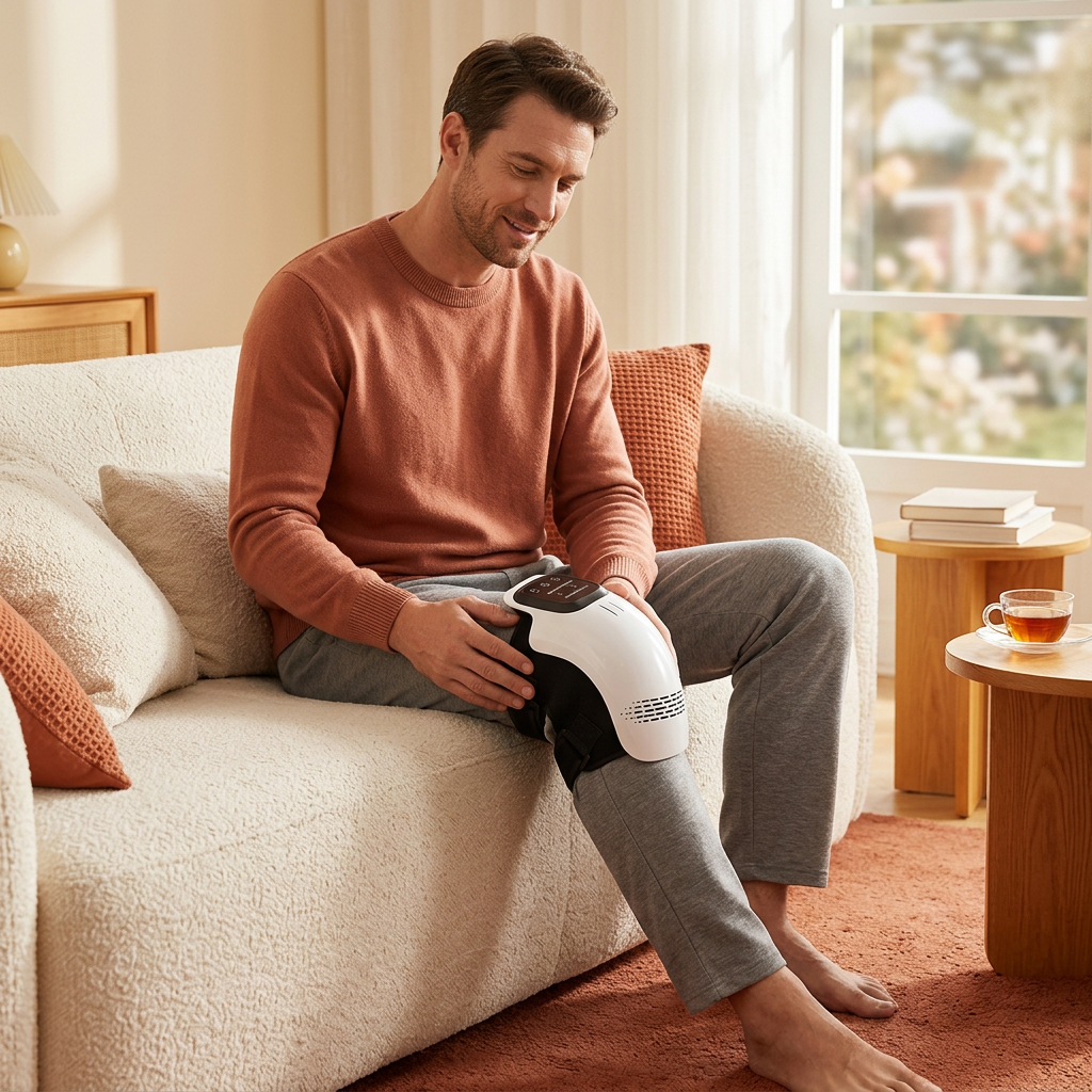 Man relaxing with the heated knee massager on a sofa