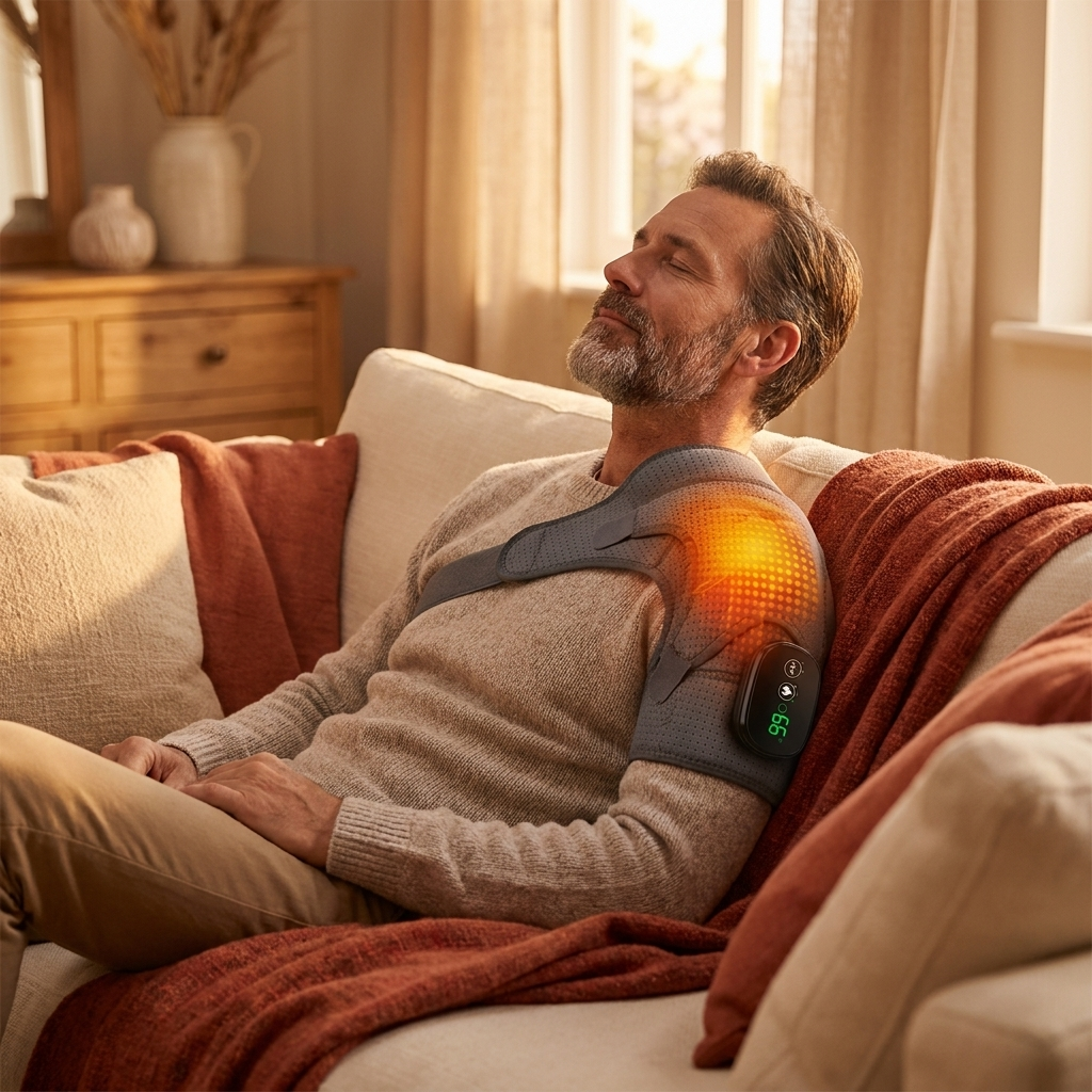 Man relaxing with the heated shoulder wrap on a couch