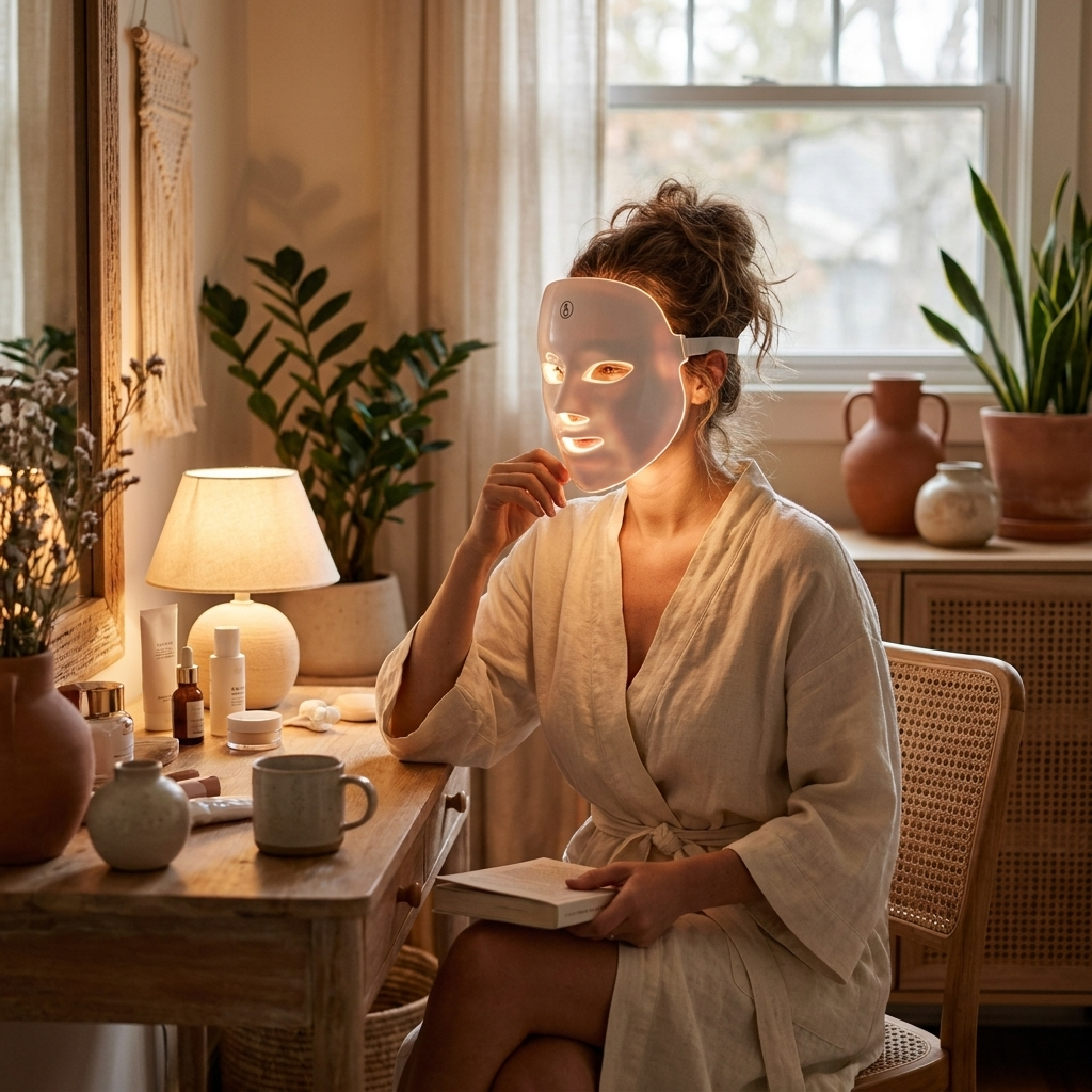 Woman using the LED mask at a vanity