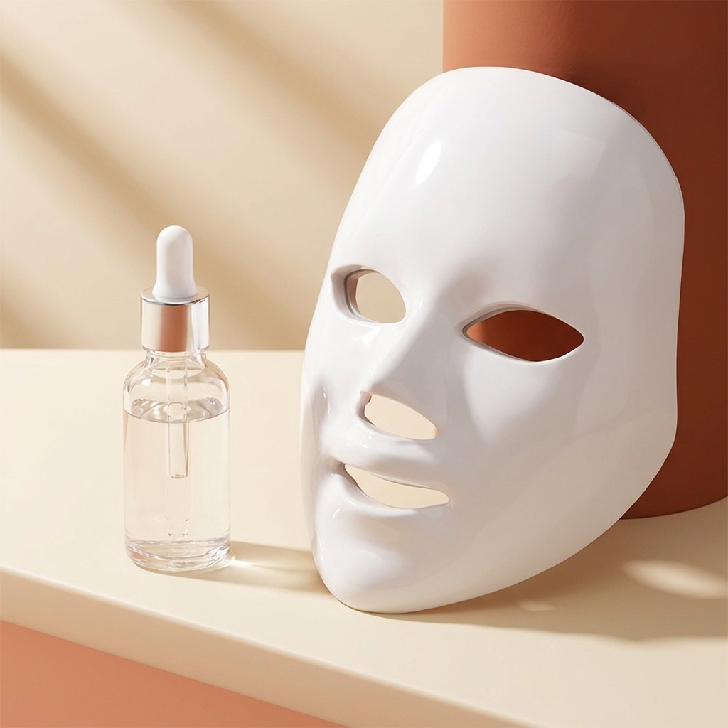Included serum bottle beside the mask