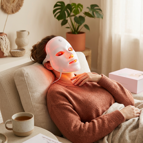 Woman relaxing while wearing the LED light face mask