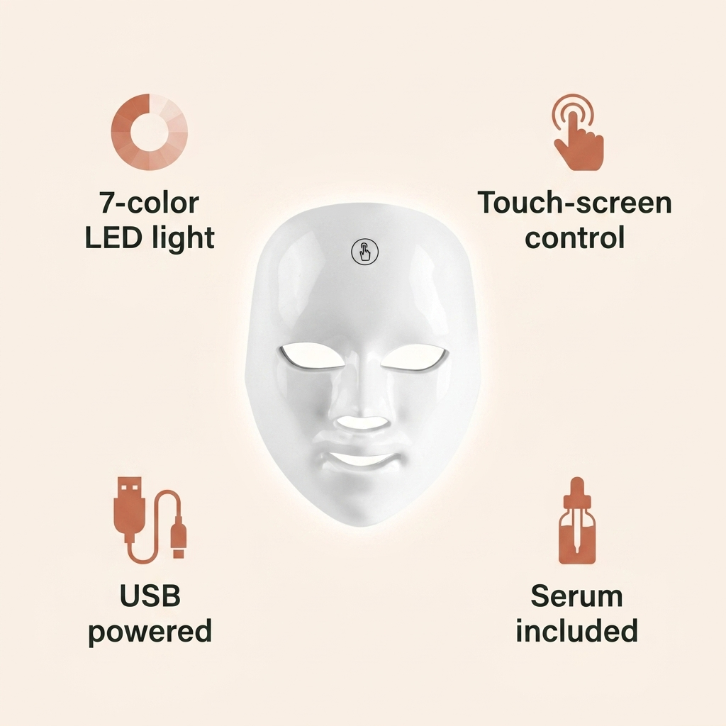 Feature overview - 7-color LED light, touch-screen control, USB powered, serum included