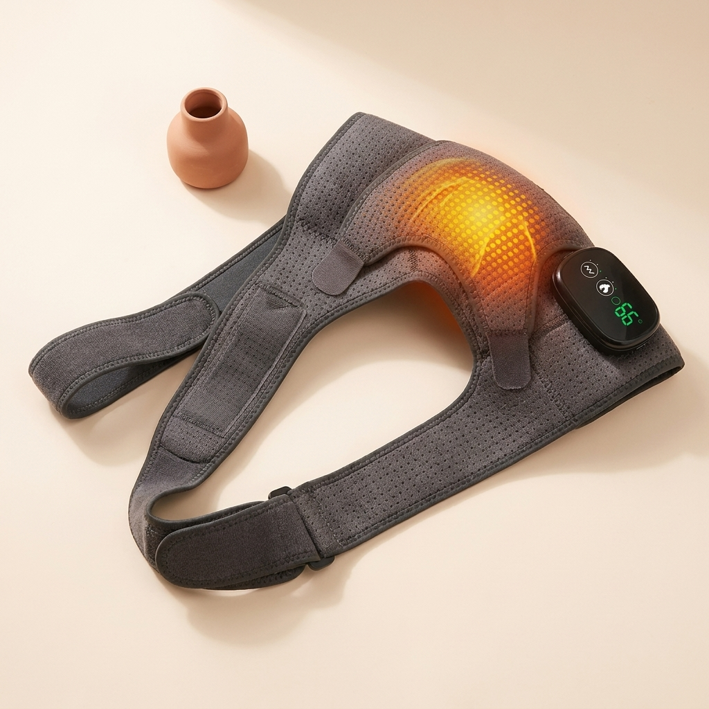 Cordless heated shoulder and joint wrap on a cream background