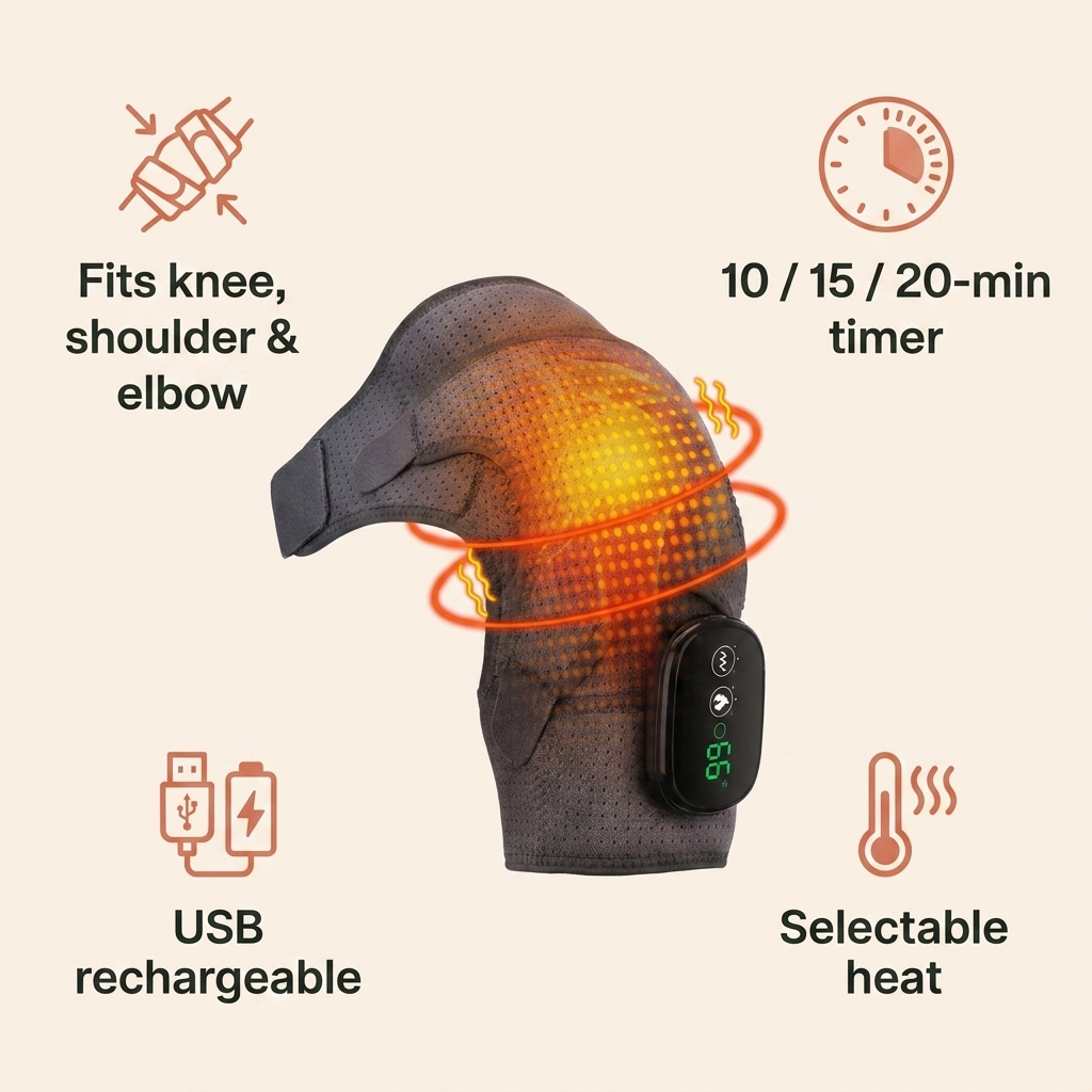 Feature overview - fits knee shoulder elbow, auto timer, USB rechargeable, selectable heat